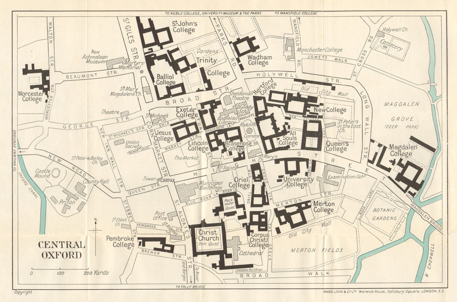 CENTRAL OXFORD vintage town/city plan. University colleges. WARD LOCK 1924 map